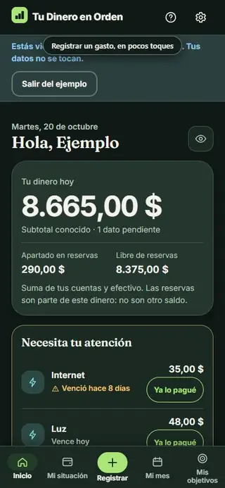 La app registrando un gasto de 25,50 en Alimentación: se escribe el importe, se elige la categoría y se guarda, con opción de editar o deshacer.